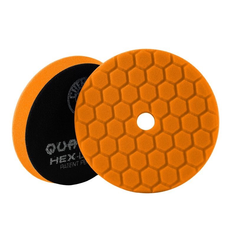 5.5-inch Chemical Guys Orange Hex-Logic Quantum medium-heavy foam cutting pad with hexagonal surface pattern and center hole.