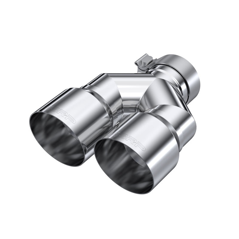 Mirror-polished T304 stainless steel dual exhaust tip with 4-inch staggered outlets and a 3-inch inlet.