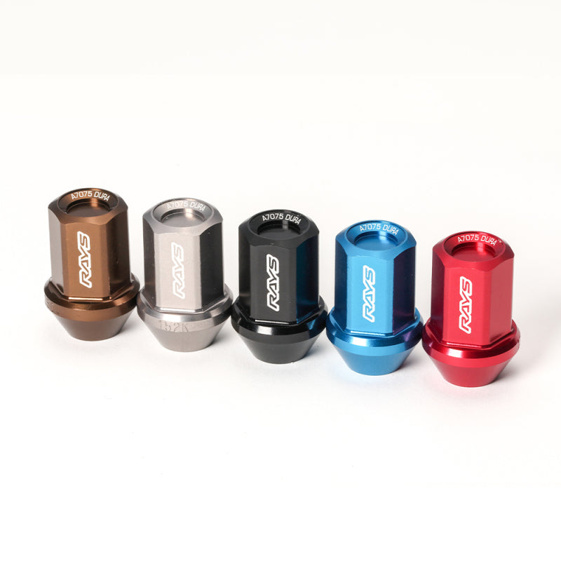 Chrome Rays M12x1.50 lug nut set with sixteen standard nuts, four locking nuts, and two specialized socket keys.