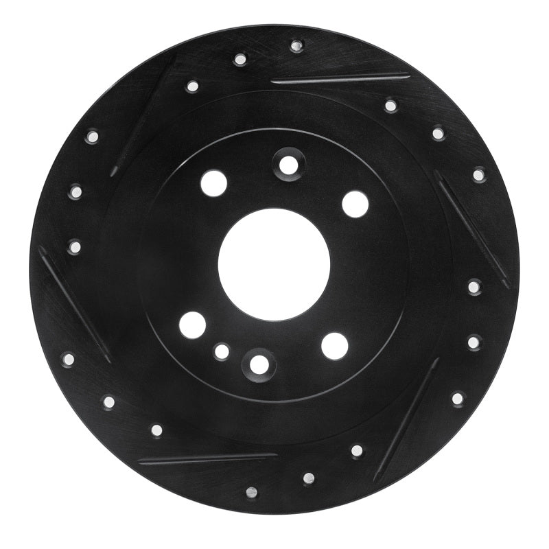 R1 Concepts 633-54003L black rear left brake rotor featuring cross-drilled holes and diamond-cut slots.