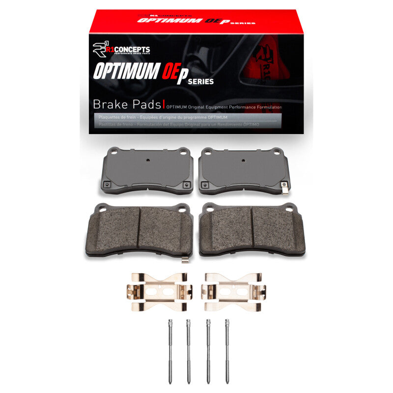R1 Concepts OPTIMUM OEp rear brake pad set with installation hardware for 2009-2024 Nissan GT-R