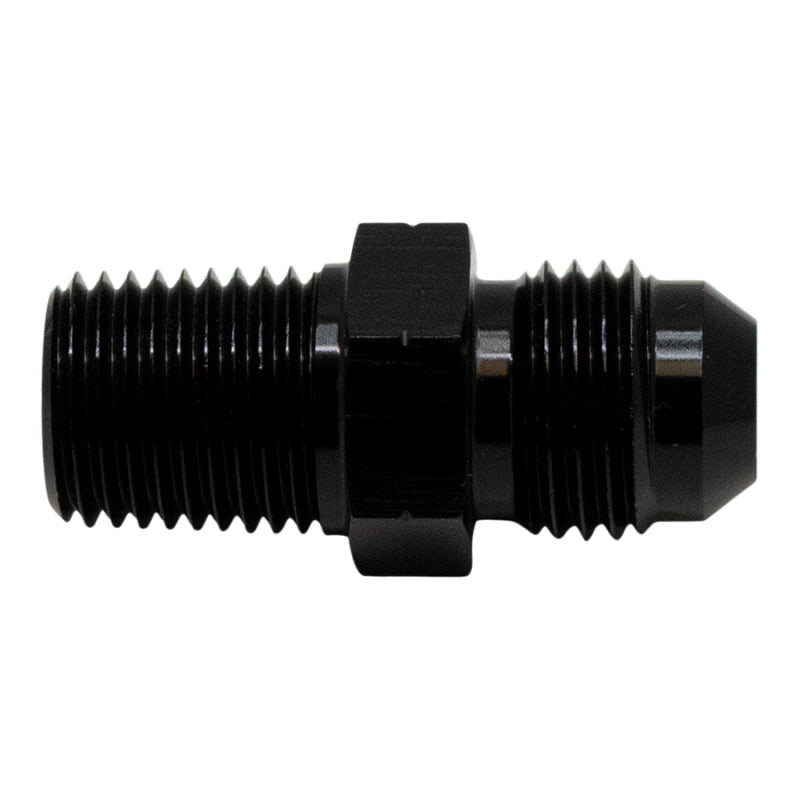 DeatschWerks 6AN male flare to 1/4 inch male NPT adapter fitting in matte black anodized aluminum