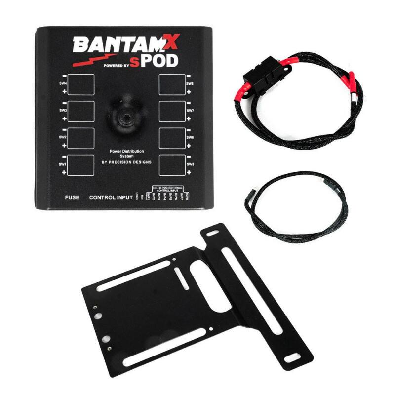 sPOD BantamX 8-circuit power control module with Jeep-specific mounting bracket and wiring harness.