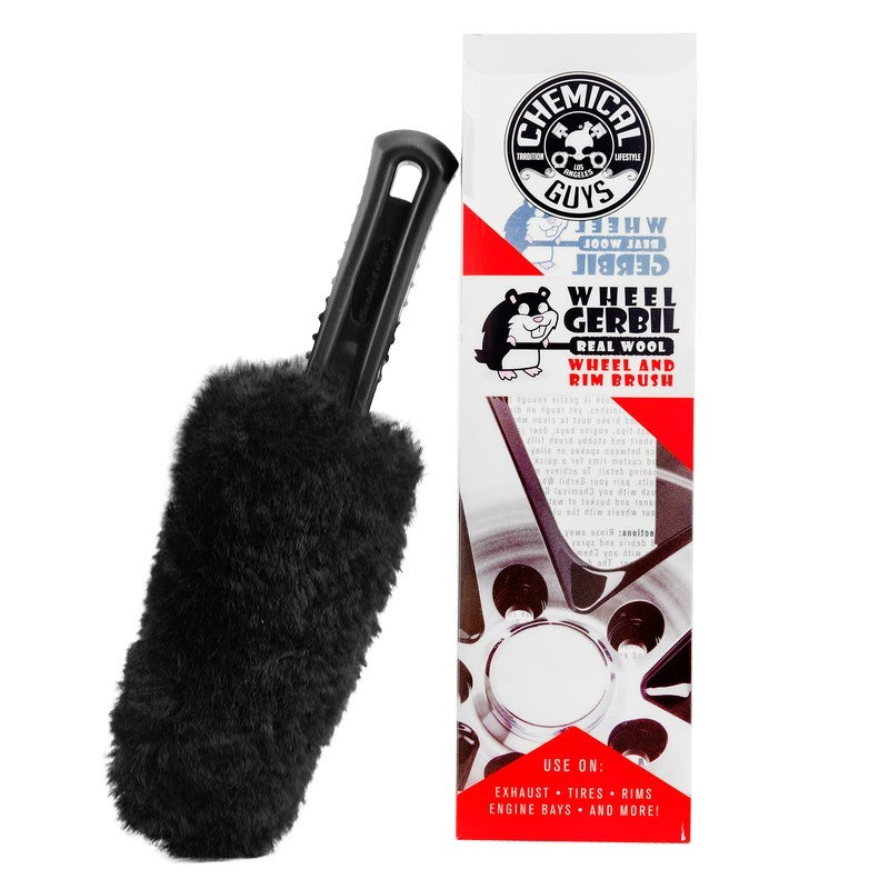 Chemical Guys Gerbil brush featuring a thick, fluffy tan sheepskin cleaning head and a black ergonomic handle.