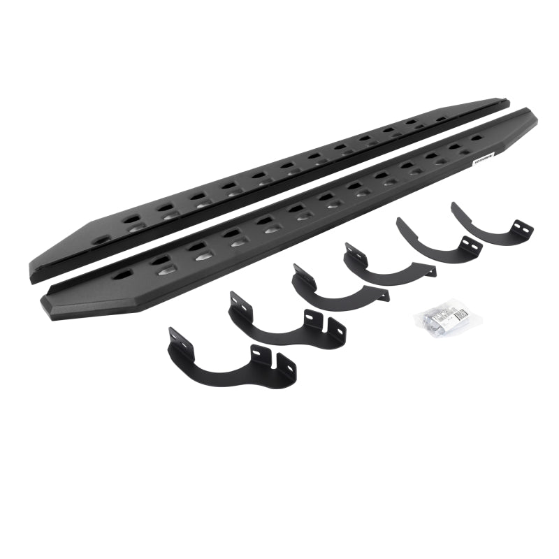 Go Rhino RB20 Slim Series running boards in textured black finish featuring a bullet-stamped steel step surface.