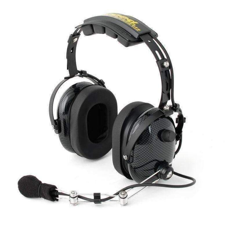 Rugged Radios H22-CF over-the-head 2-way radio headset with a black carbon fiber finish and boom microphone.