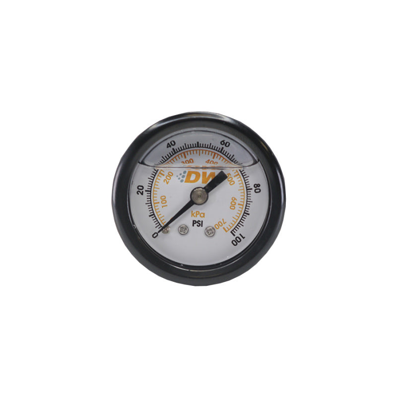 DeatschWerks 1.5 inch liquid-filled mechanical fuel pressure gauge with white face and 0-100 PSI scale