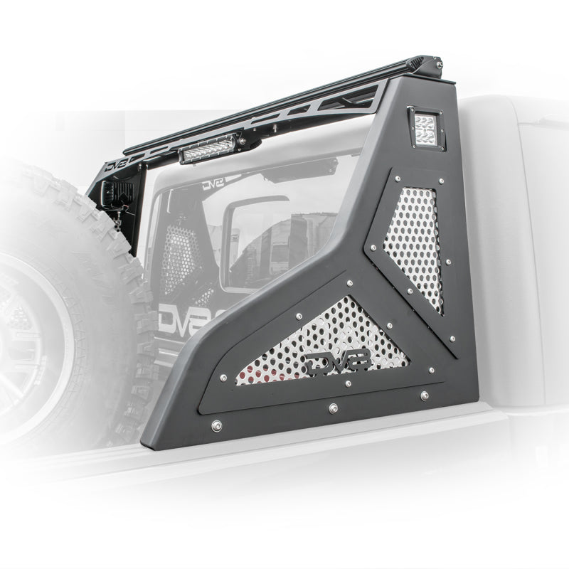 DV8 Offroad RRGL-01 textured black steel chase rack for 2020-2025 Jeep Gladiator with light mounts and mesh inserts.