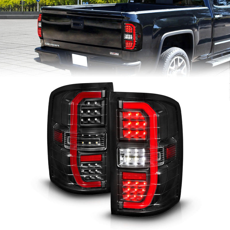ANZO full LED taillights for GMC Sierra with black internal housing, clear lens, and C-shaped light bars