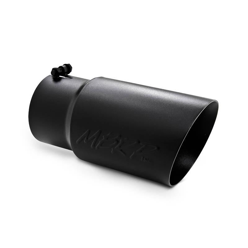 MBRP black T304 stainless steel dual-wall angled exhaust tip with 5-inch inlet and integrated mounting bolt.