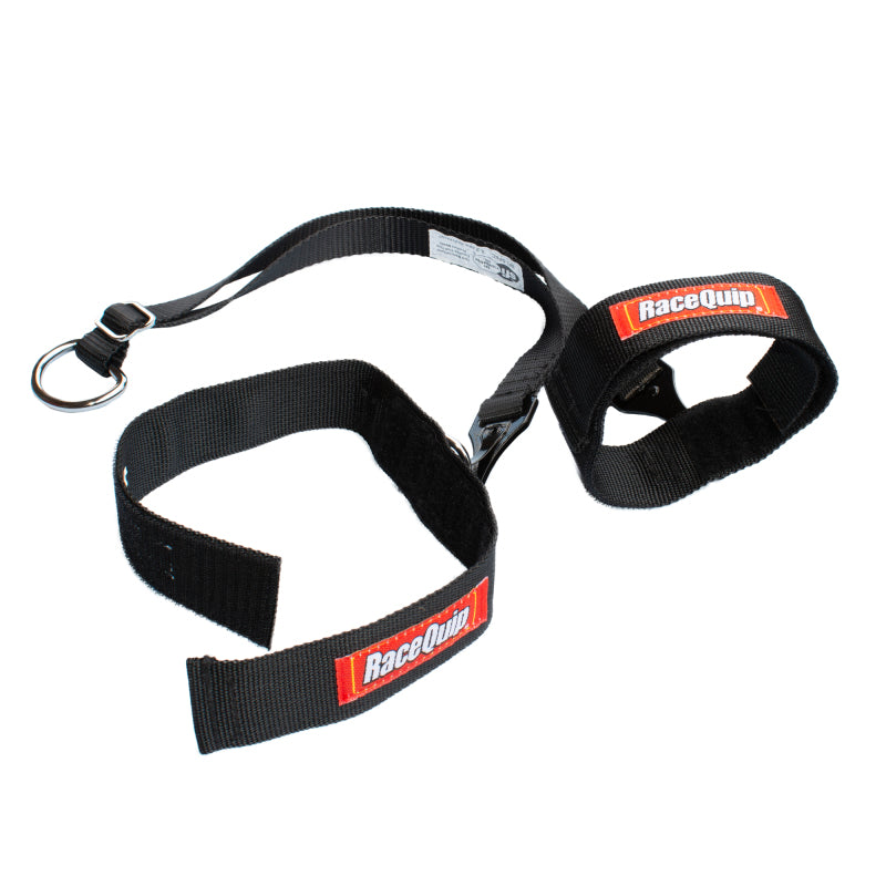 RaceQuip black SFI certified adult arm restraints with padded wrist cuffs and adjustable straps.
