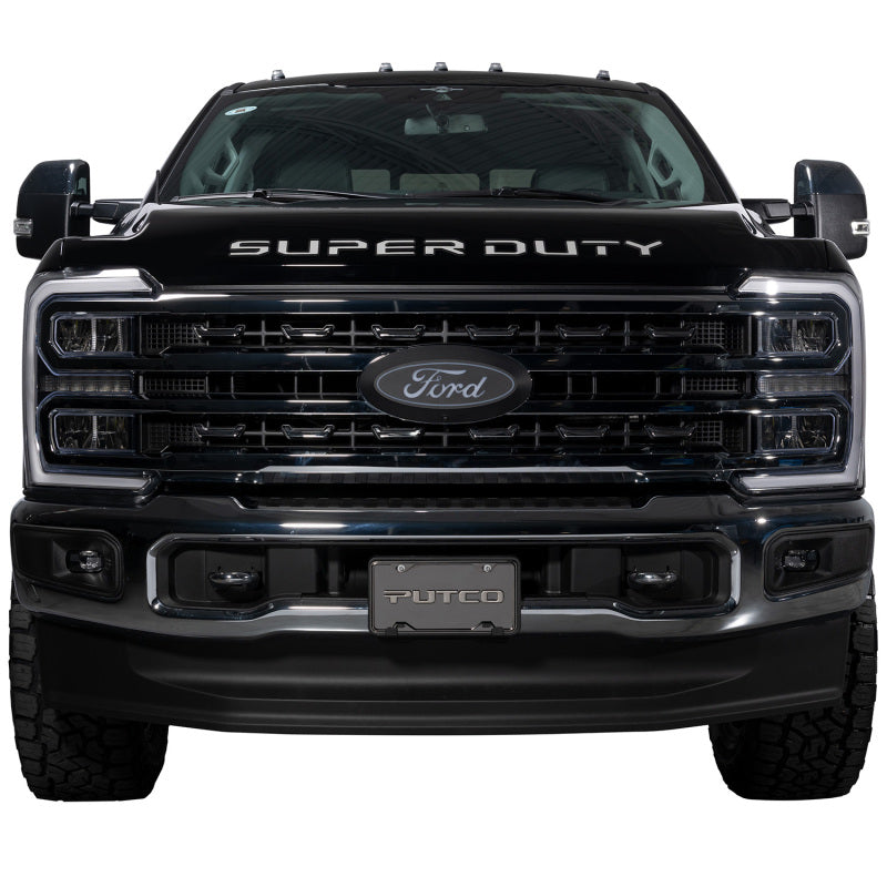 Putco Luminix 92804 illuminated white LED front grille emblem for 2025 Ford Super Duty with camera cutout.