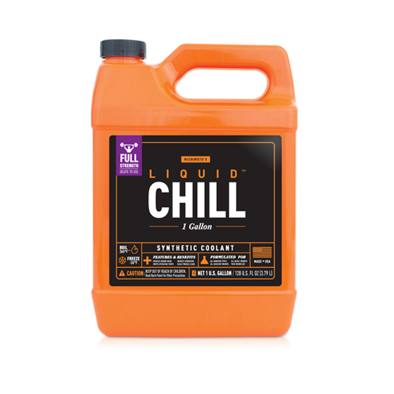 Mishimoto Liquid Chill Synthetic Engine Coolant bottle showing temperature ratings and POAT technology.