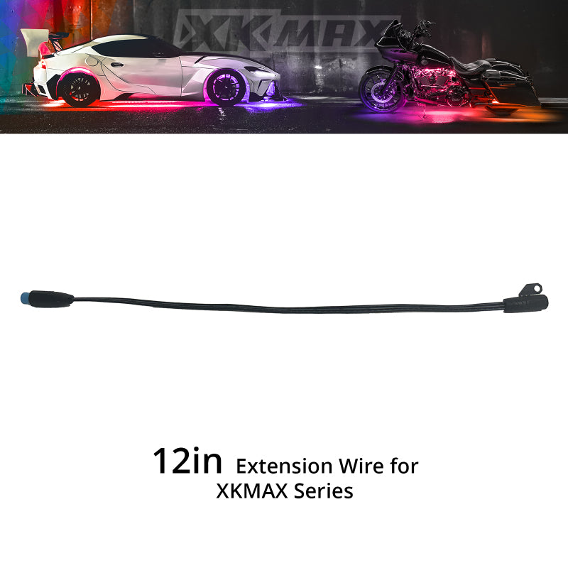 XK Glow XKmax 12-inch extension wire featuring black protective insulation and proprietary XKmax multi-pin connectors.
