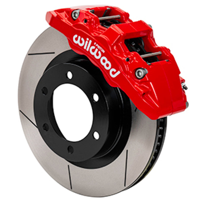 Wilwood Aero6-DM red six-piston brake calipers with 13.56-inch rotors and stainless steel braided lines.