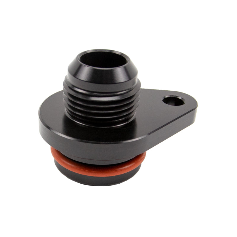 Black anodized CNC billet aluminum #12 JIC coolant port fitting with mounting tab and O-ring for 6.7L Cummins.