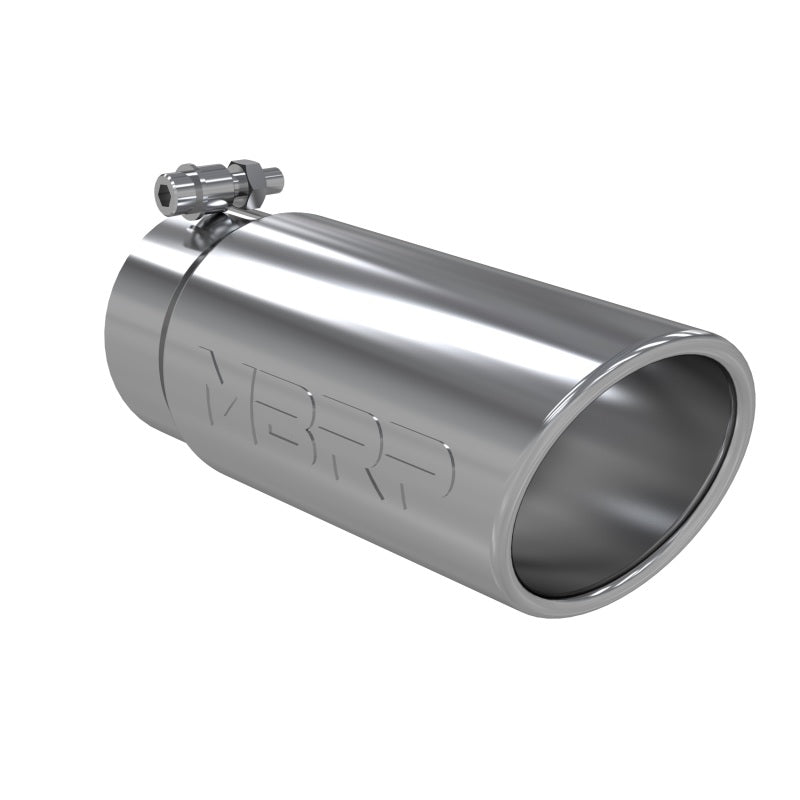 MBRP 4-inch angled rolled end exhaust tip in mirror-polished T304 stainless steel