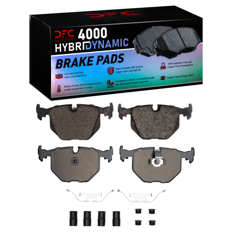 DFC 4000 HybriDynamic rear brake pad set featuring premium friction material and included stainless steel hardware clips.