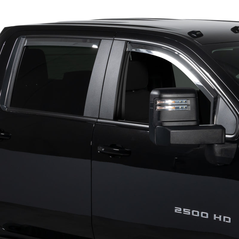 Set of four Putco Element chrome in-channel window visors for a 2014-2019 Chevrolet Silverado or GMC Sierra Crew Cab truck.