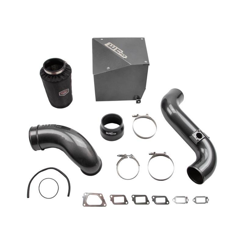 Wehrli Custom Fab Gloss Black Stage 2 intake kit with 4 inch pipe, 4.8 inch turbo horn, and enclosed air box.