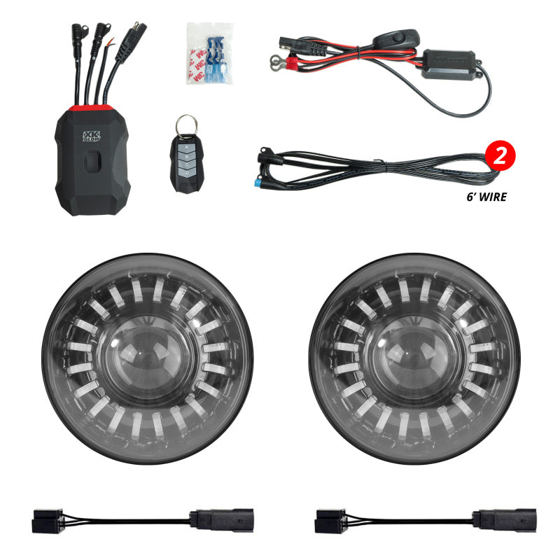 Two 7-inch XK Glow XKmax RGBW LED headlights with color-changing halo rings for 2007-2018 Jeep Wrangler JK.