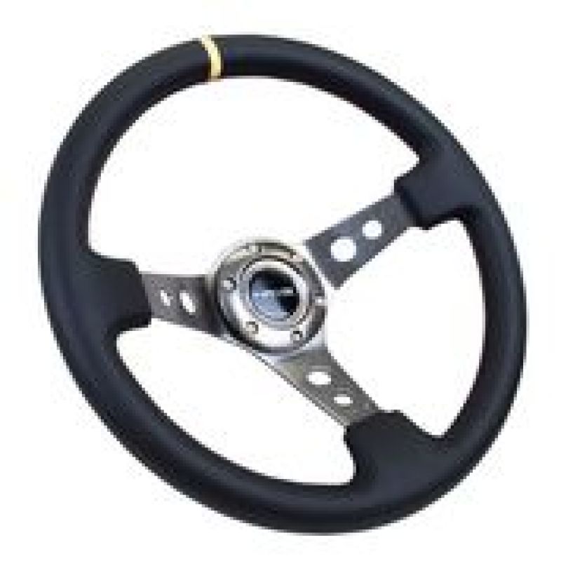 NRG 350mm black leather steering wheel with 3-inch deep dish, gunmetal cutout spokes, and yellow center mark.