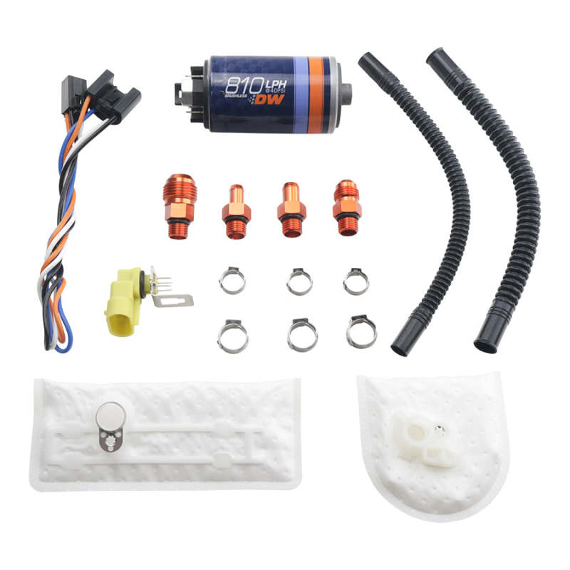 DeatschWerks DW810 810lph brushless in-tank fuel pump and 9-1002 universal installation kit components.