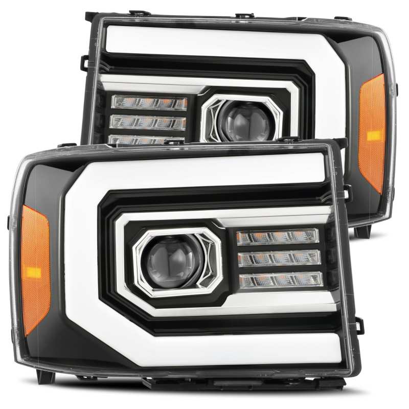 AlphaRex PRO-Series gloss black projector headlights with plank style LED bar and sequential signals for 07-13 GMC Sierra.
