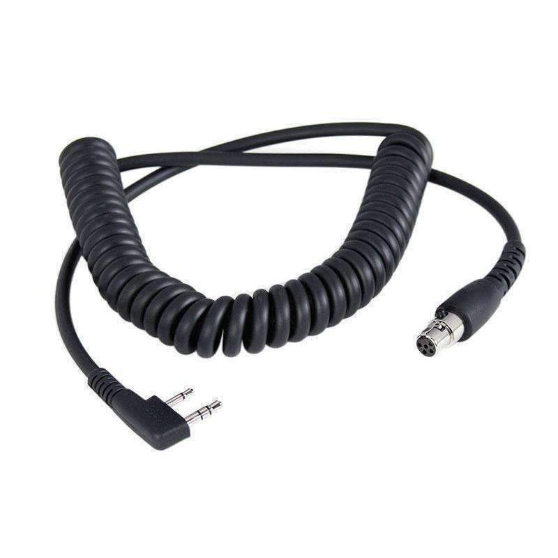 Black coiled headset interface cable for Rugged and Kenwood handheld radios with heavy-duty connectors.