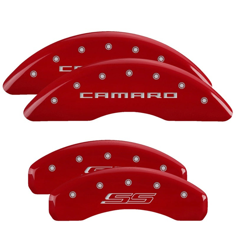 Set of four red MGP aluminum brake caliper covers with silver Gen 5 and Camaro SS engravings for Chevrolet Camaro.