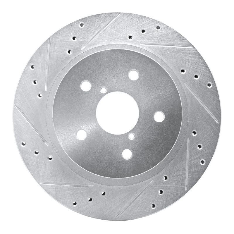 Silver drilled and slotted rear left brake rotor for 2015-2025 Subaru Forester, Legacy, Outback, and WRX.