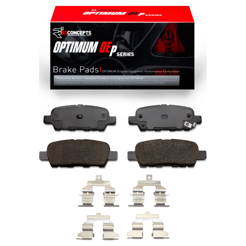 R1 Concepts OPTIMUM OEp rear brake pads and premium installation hardware kit.