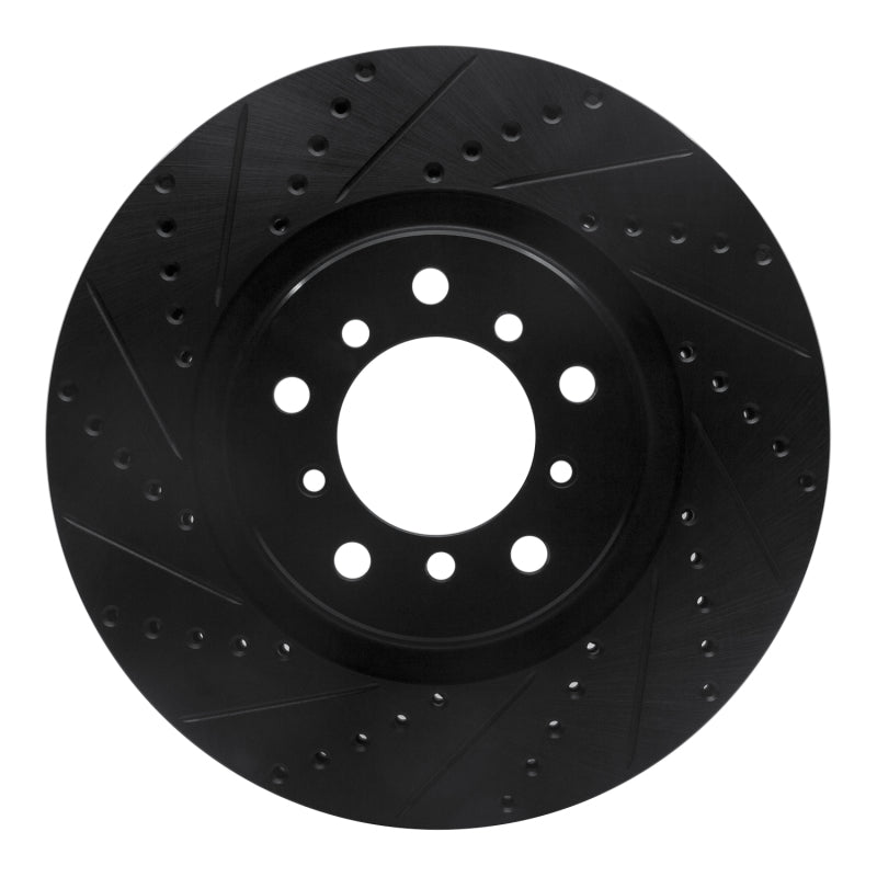 R1 Concepts black electro-coated drilled and slotted front right brake rotor for 2001-2006 BMW M3.