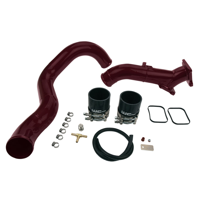 WCFab Red powder coated 3-inch billet Y-bridge and aluminum intercooler pipe kit for LB7 Duramax engines.