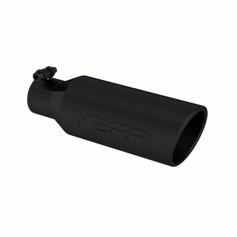 MBRP universal exhaust tip in a matte black finish featuring a 4-inch angled rolled end and 2.5-inch inlet