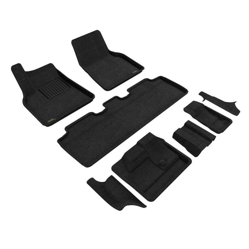 Black 3D MAXpider Elegant floor mats for 2021-2025 Tesla Model Y 7-seater, complete set for 1st, 2nd, and 3rd rows.