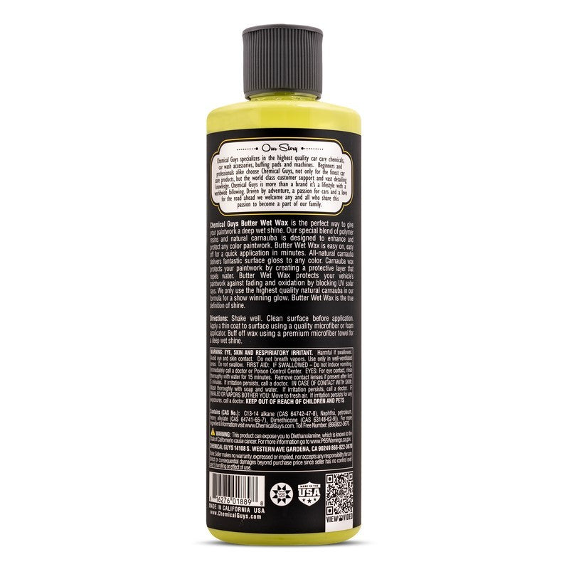 16oz bottle of Chemical Guys Butter Wet Wax carnauba cream wax for automotive paint protection and gloss enhancement.