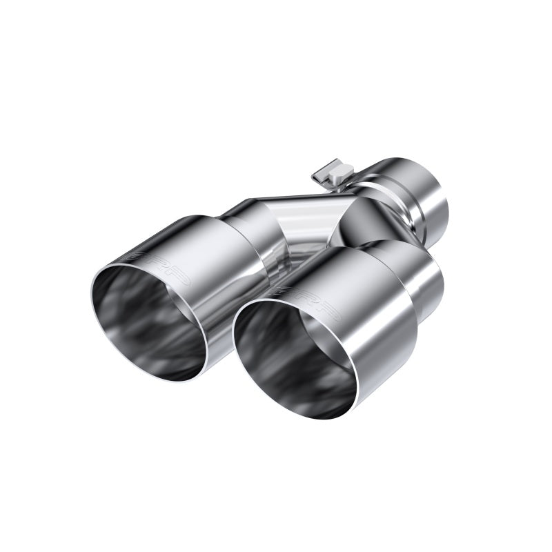 Polished MBRP T304 stainless steel dual exhaust tip showing the 2.5-inch inlet and 3.5-inch dual outlets