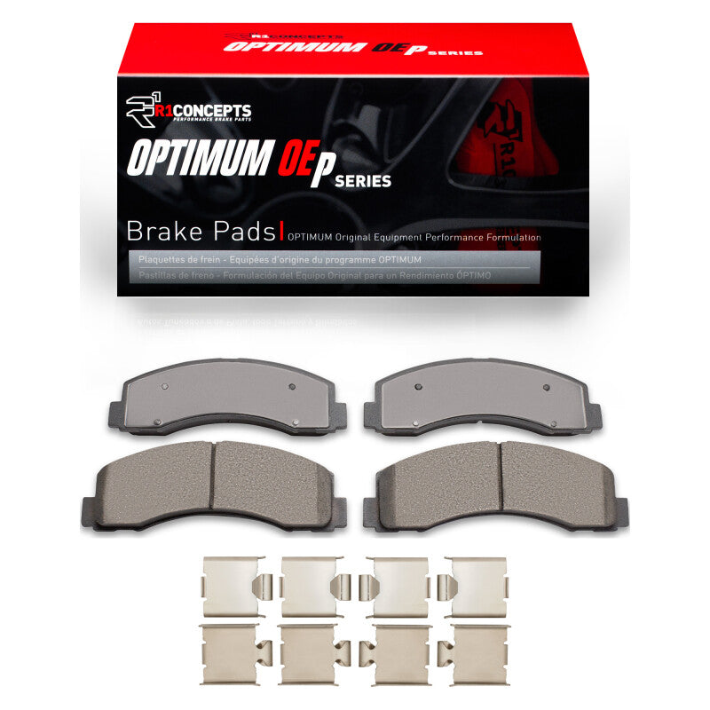 R1 Concepts Optimum OEp front brake pads with included stainless steel installation hardware clips