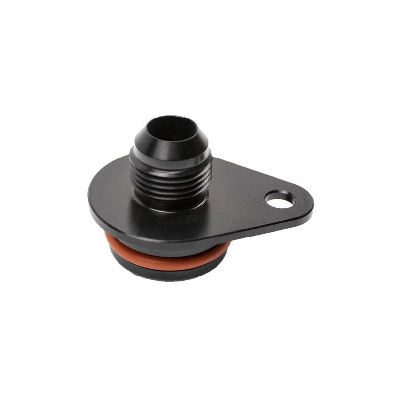 Black anodized billet aluminum #10 JIC male coolant fitting with mounting tab for 6.7L Cummins engines.