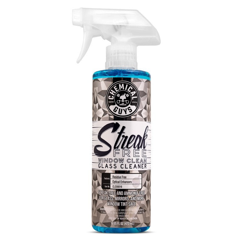 16oz spray bottle of Chemical Guys Streak Free Window Clean Glass Cleaner with blue liquid.