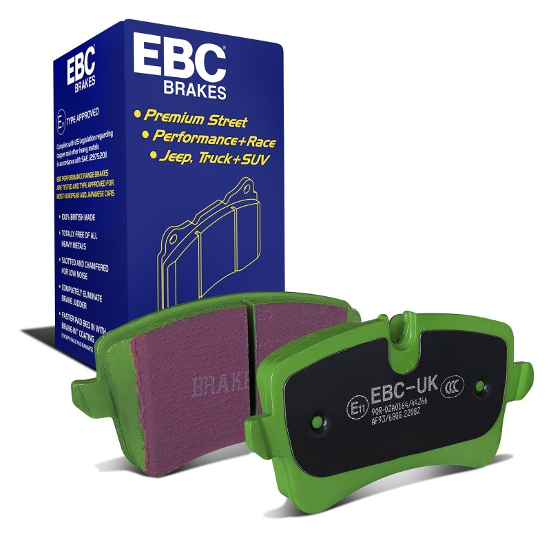 EBC Brakes Greenstuff DP22082 rear disc brake pads with green powder-coated backing plates.