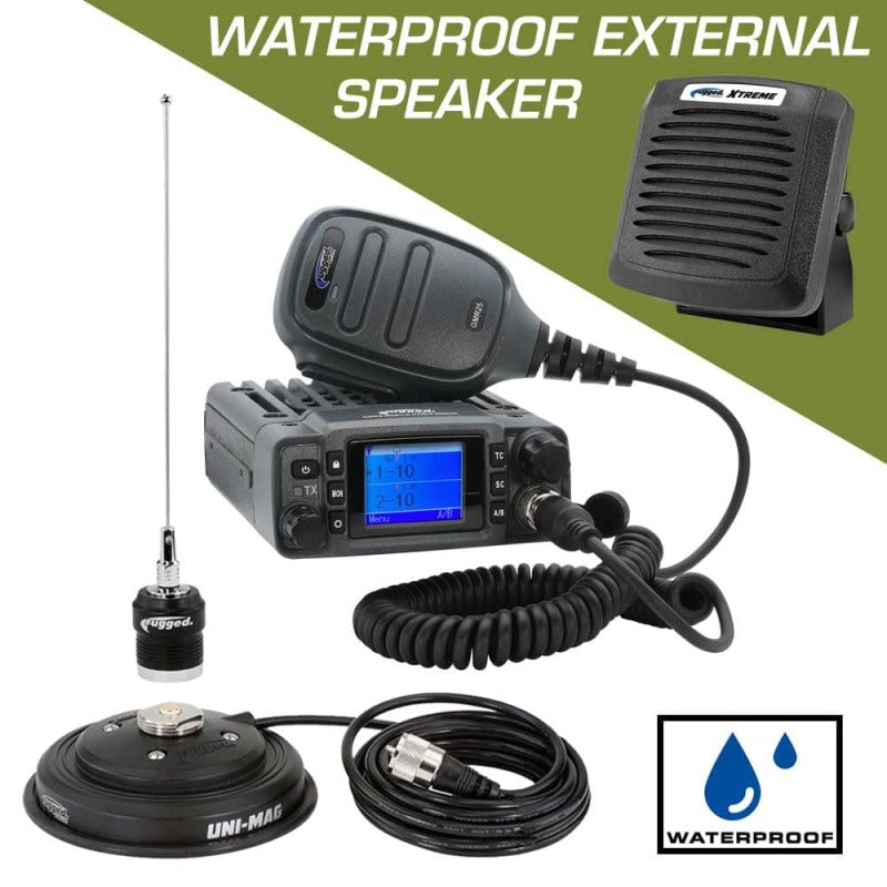 Rugged Radios GMR25 waterproof GMRS mobile radio with hand microphone and external speaker kit components