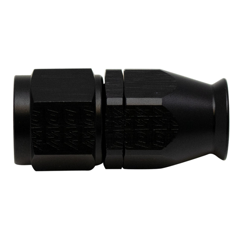 Matte black DeatschWerks -8AN female swivel straight PTFE hose end fitting with included olive insert.