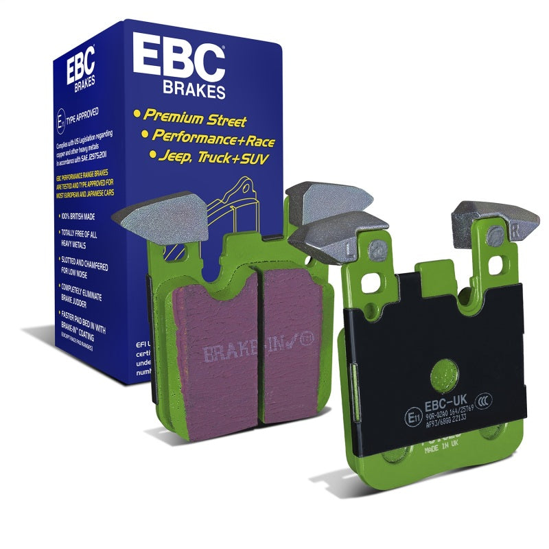 EBC Brakes Greenstuff rear brake pads with green friction material and black backing plates for BMW Brembo calipers.