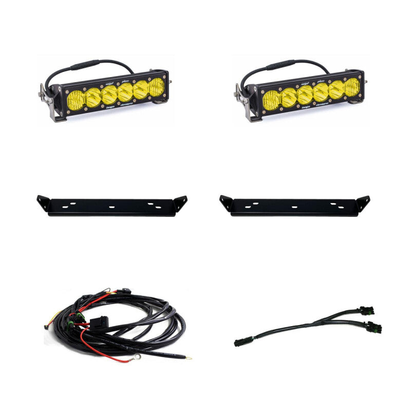 Baja Designs OnX6 10-inch Amber Dual Control LED light bar with mounting brackets for Ford F-150 Raptor.
