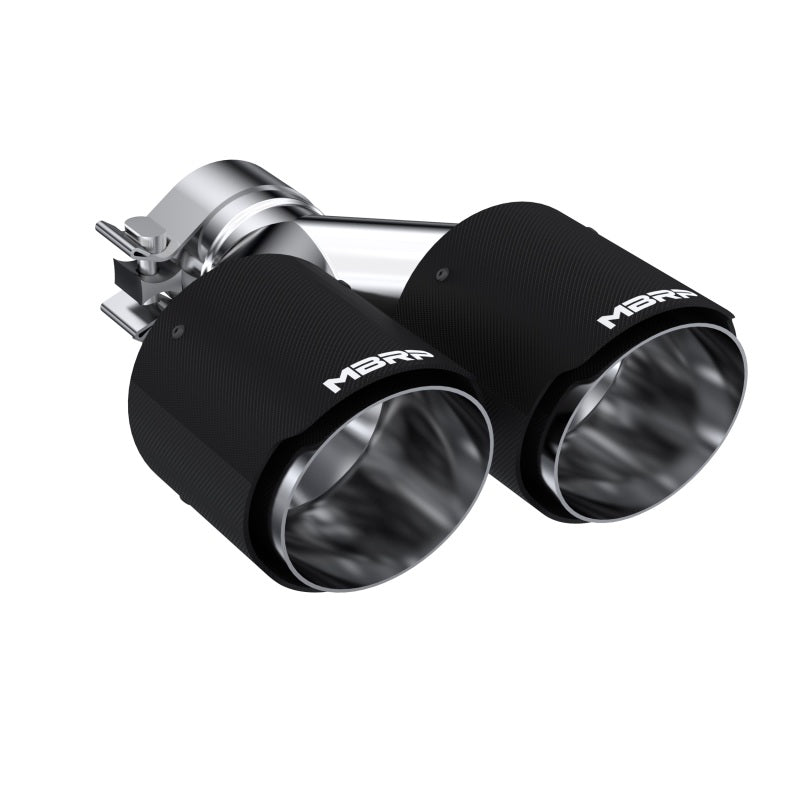 MBRP dual-exit carbon fiber exhaust tip with 4-inch outlets and a 2.5-inch inlet clamp