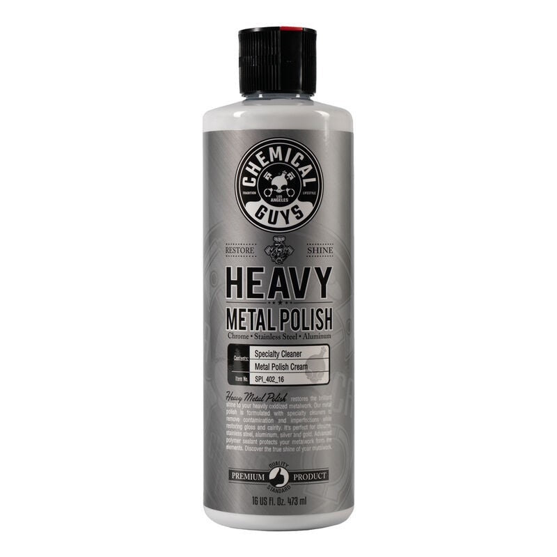 16oz bottle of Chemical Guys Heavy Metal Polish for restoring and protecting chrome and aluminum automotive surfaces.