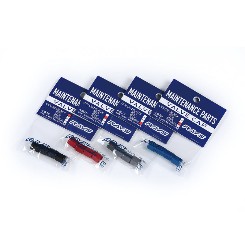 A set of four red anodized aluminum valve stem caps from Rays Engineering.