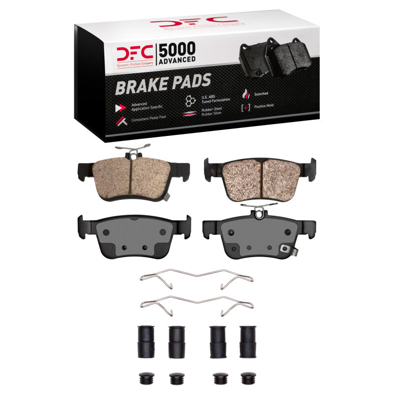 DFC 5000 Advanced ceramic rear brake pad set with stainless steel installation hardware kit.